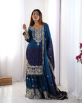 The52 Women's Beautiful Chinon silk Fabric Embroidery Work Straight Kurta Palazzo and Dupatta Set | Grocsy