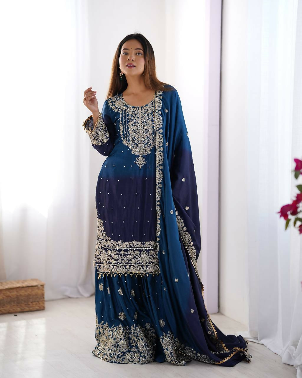The52 Women's Beautiful Chinon silk Fabric Embroidery Work Straight Kurta Palazzo and Dupatta Set | Grocsy