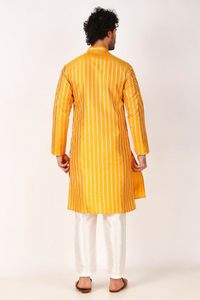 Yellow Art Silk Woven Designer Men's Rajwadi Kurta Set - Mahotsav | Grocsy