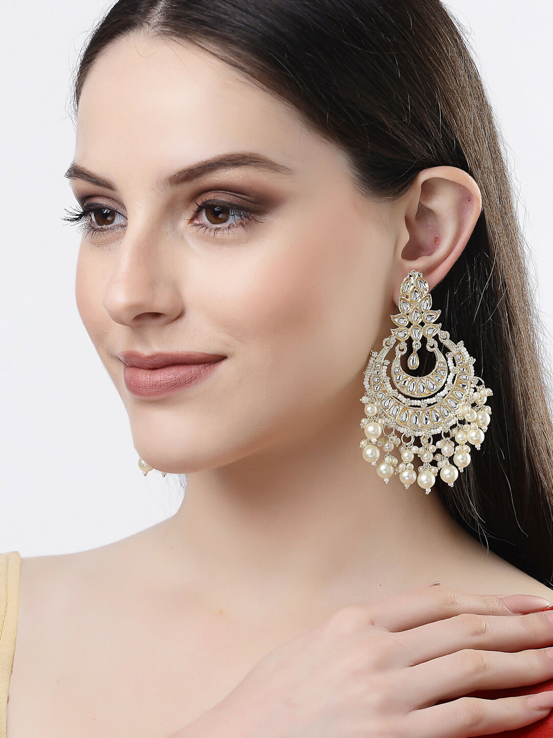 NVR Women Gold-Polished Kundan Chandbali Earrings | Grocsy