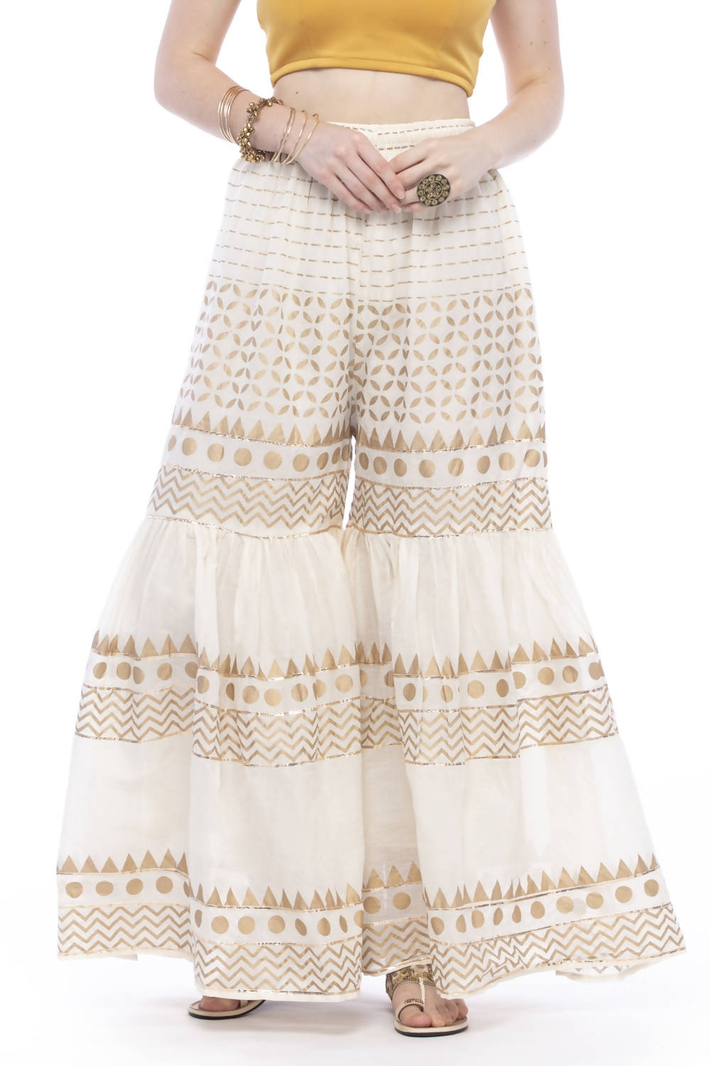 Mominos Fashion Cotton Off White Gold Print With Gota Sharara | Grocsy