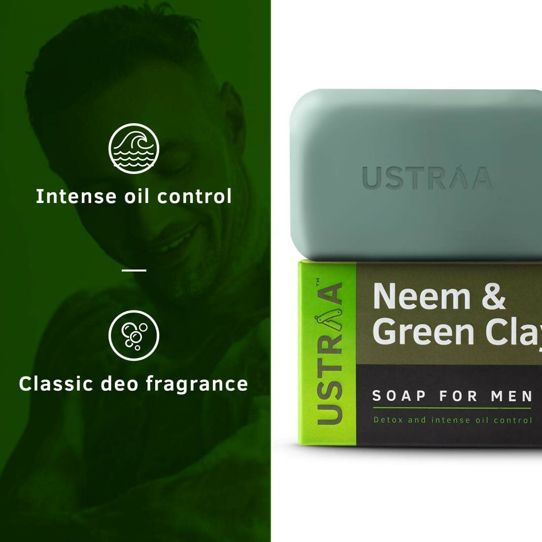 Ustraa Deo Soap For Men - Neem and Green Clay, Sea Minerals, & Activated Charcoal | Grocsy