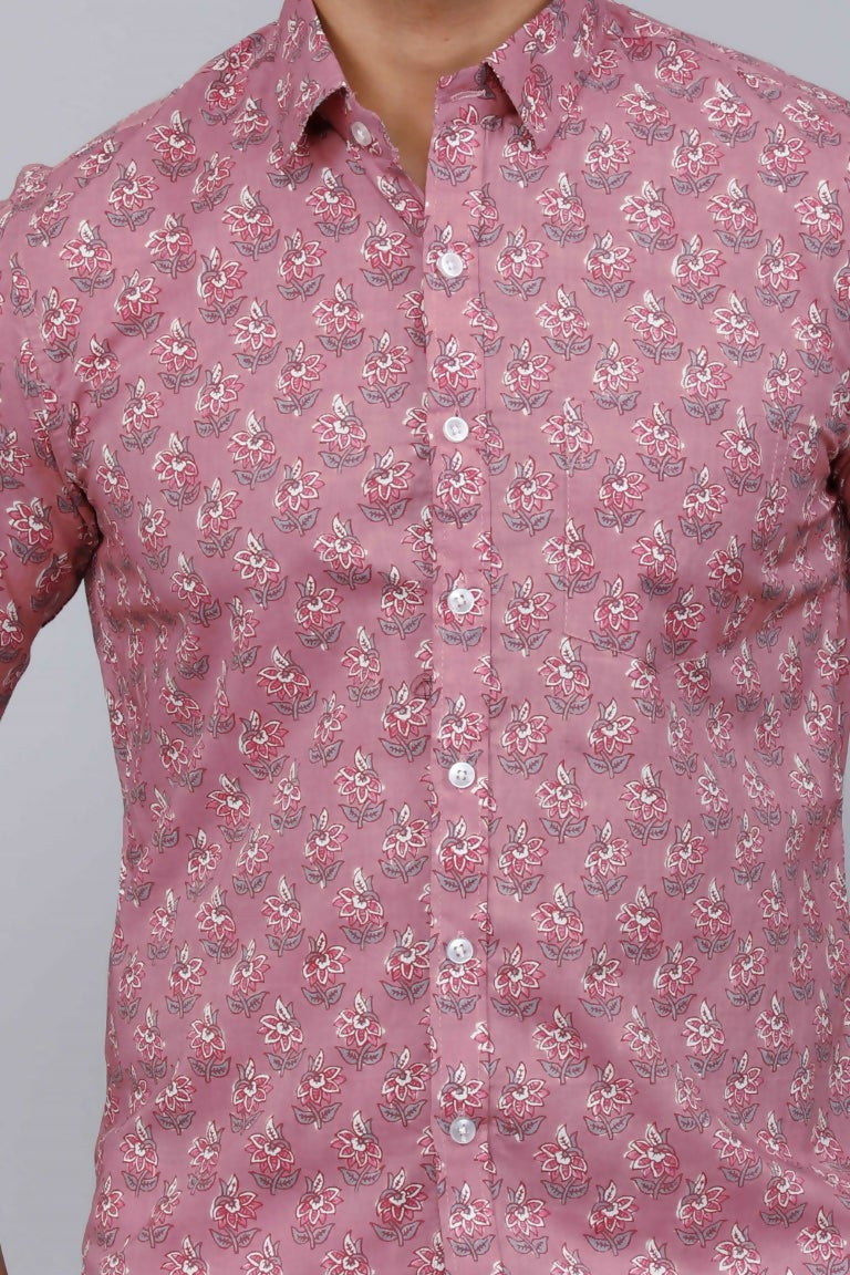 Miravan Men's Pink Spread Collar Floral Print Casual Shirt | Grocsy