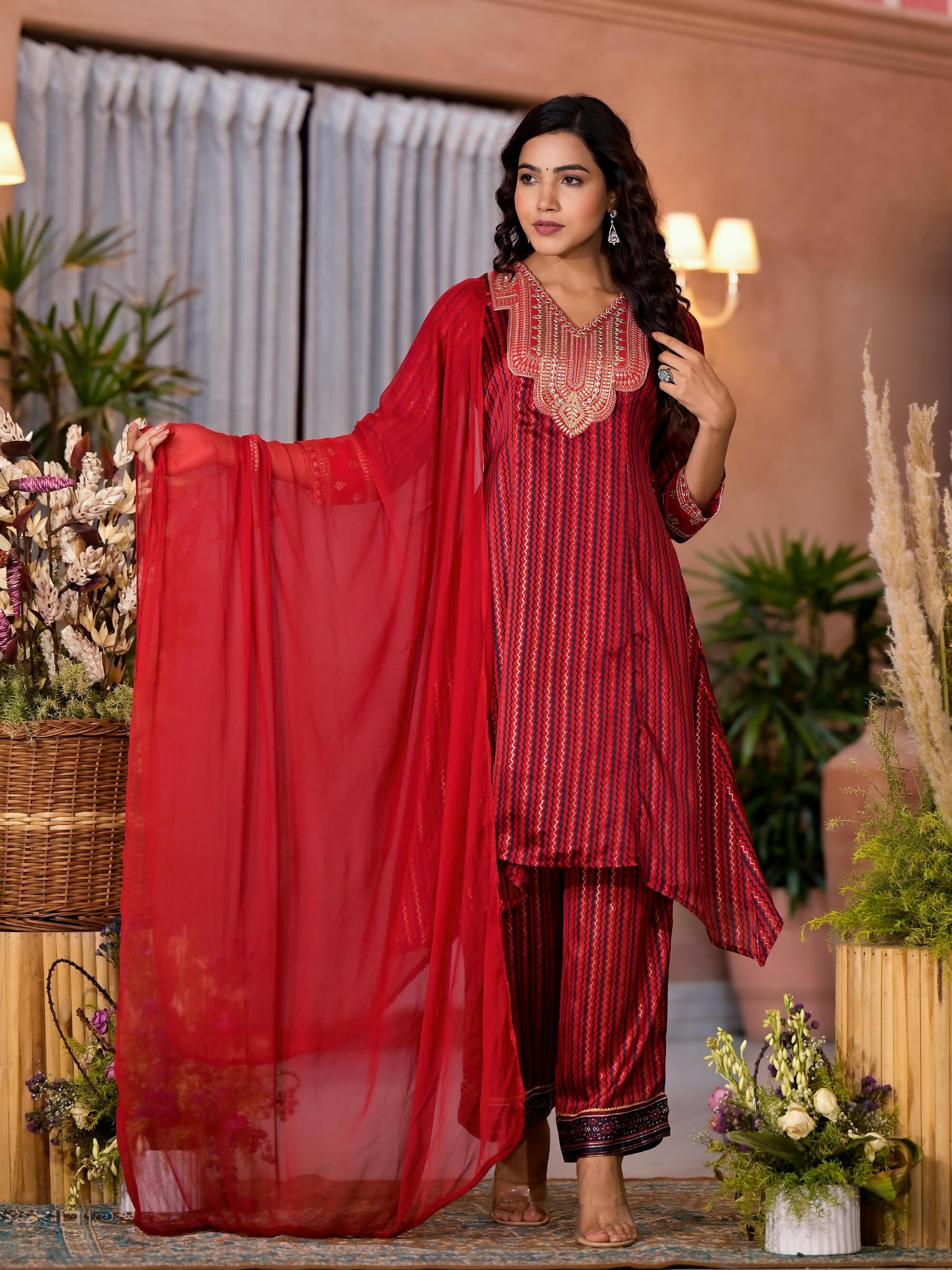 Juniper Women's Red Geometric Printed Satin Asymmetrical Kurta Pant And Dupatta Set With Zari & Mirror Work | Grocsy