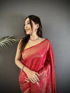 Joban Fashion Red Floral Motifs & Ethnic Design Soft Satin Silk Kanchipuram Saree | Grocsy