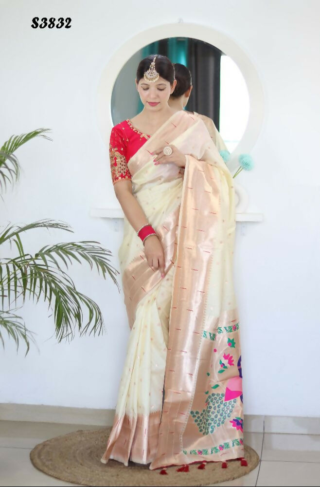 Cream Woven Jacquard Designer Embroidery Work Party Wear Saree - Parampara | Grocsy