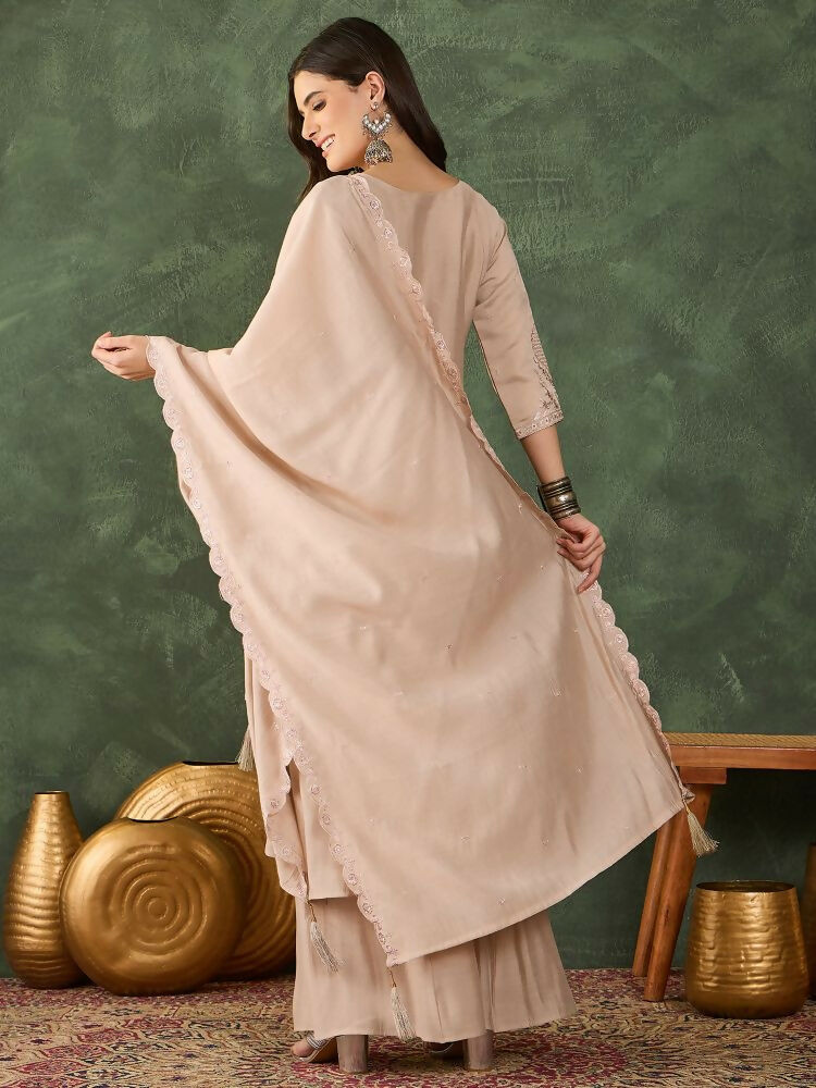 The52 Women's Beautiful Embroidery Work Silk Fabric Straight Kurta Palazzo and Dupatta Set | Grocsy