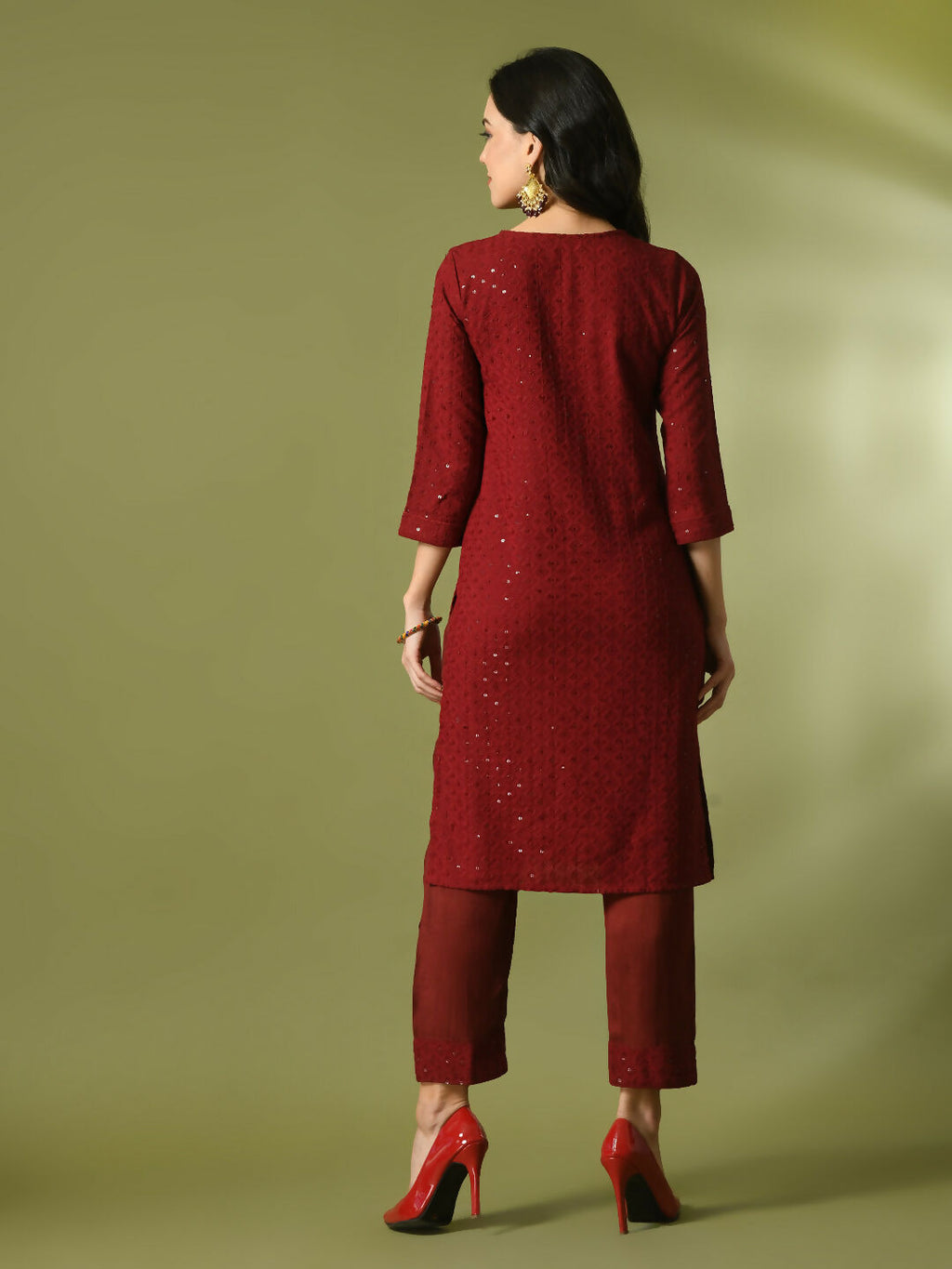 Myshka Women's Maroon Embroidered Cotton Straight Party Kurta Set | Grocsy