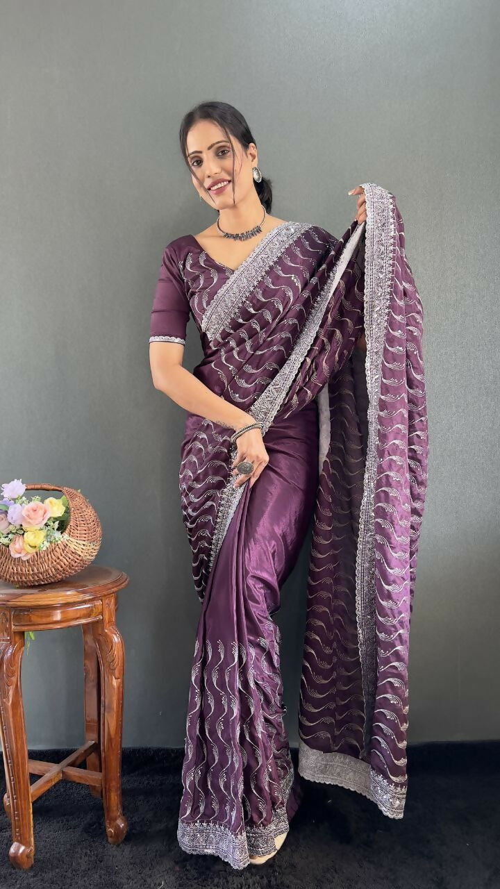 Vastranavya Purple Chinnon Silk Embroidery Multi Sequence & Arco Cut Work Ready to Wear Saree | Grocsy