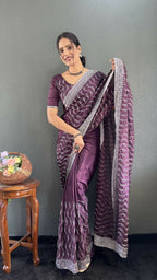 Vastranavya Purple Chinnon Silk Embroidery Multi Sequence & Arco Cut Work Ready to Wear Saree | Grocsy