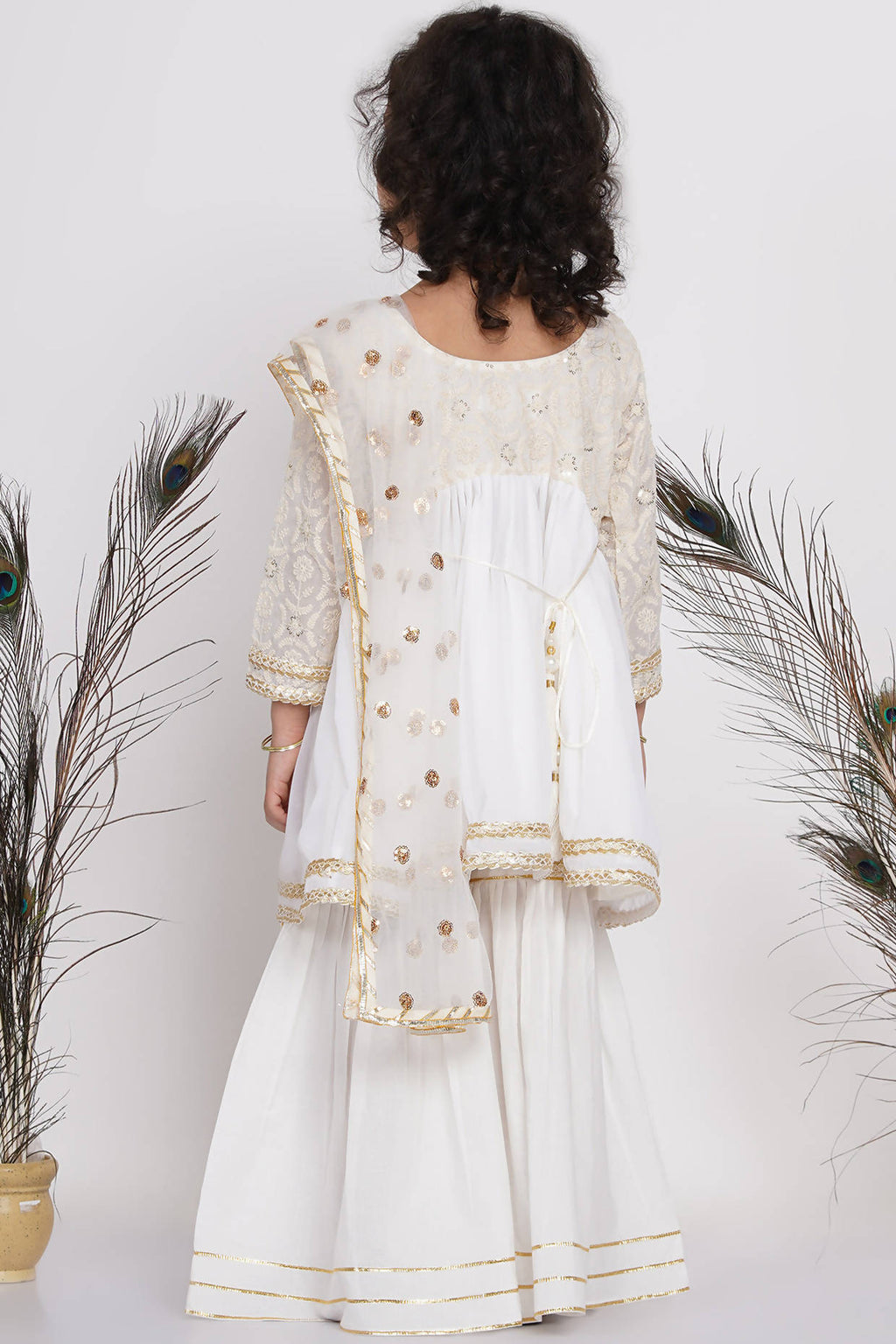 Little Bansi Girls Cotton Floral Embroidery Frock Kurta with Sharara & Dupatta - White | Grocsy