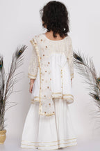 Little Bansi Girls Cotton Floral Embroidery Frock Kurta with Sharara & Dupatta - White | Grocsy