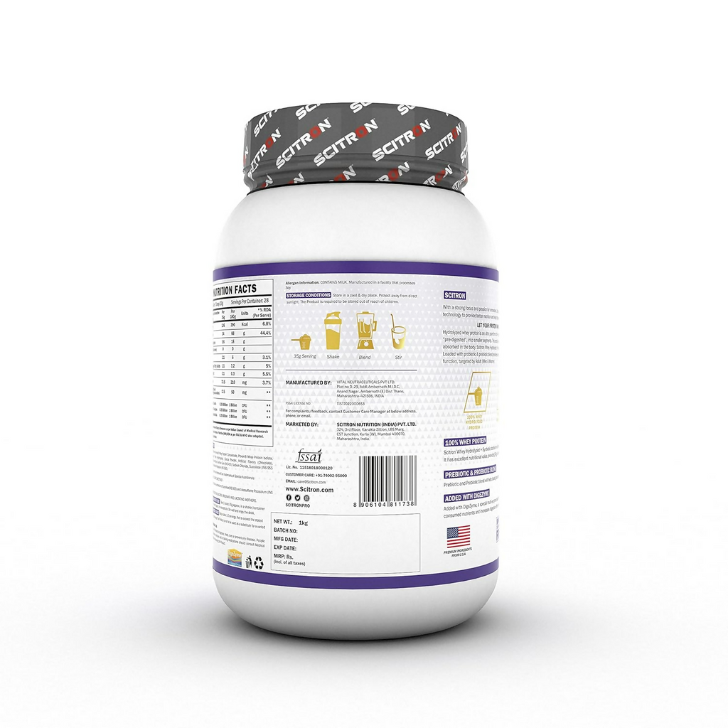 Scitron Whey Hydrolyzed Synbiotic 100% Hydrolyzed Protein Powder Chocolate Flavor | Grocsy