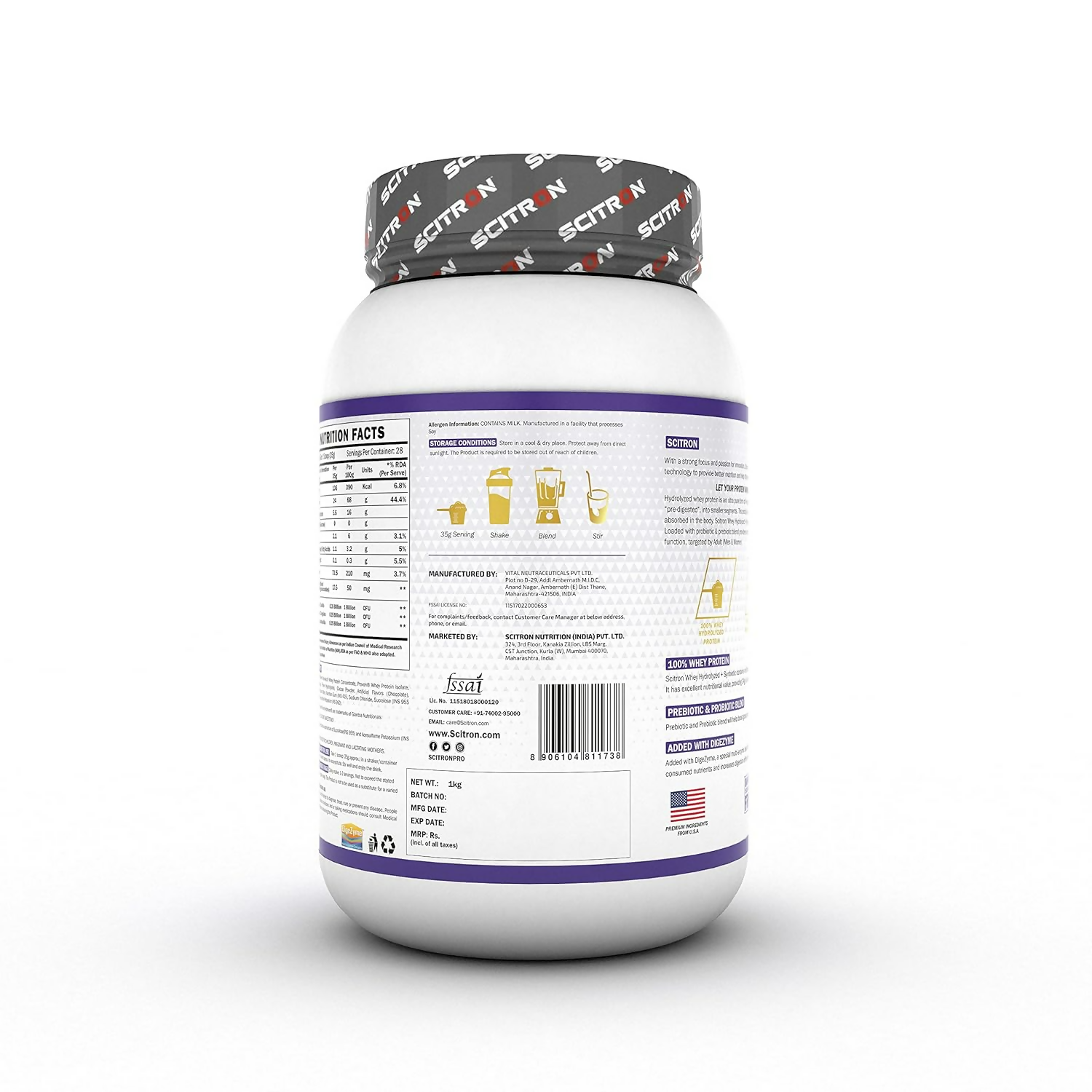 Scitron Whey Hydrolyzed Synbiotic 100% Hydrolyzed Protein Powder Chocolate Flavor | Grocsy