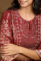 Juniper Women Maroon Shantoon Printed Anarkali Dress | Grocsy