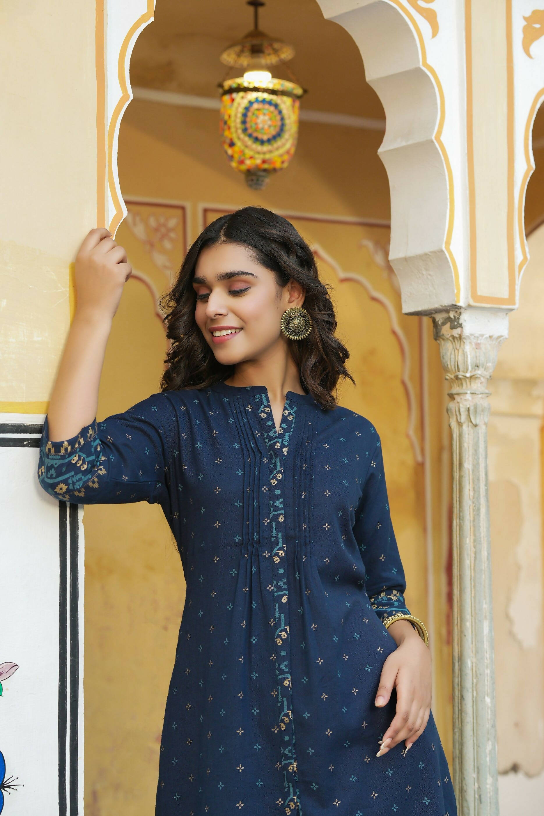 Juniper Women's Blue Cotton Flex Printed A-Line Kurta | Grocsy