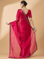 Pink Organza Swaroski Diamond Work Saree with Unstitched Blouse - Radha | Grocsy