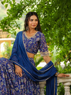 Janasya Blue Georgette Floral Lehenga Choli Dupatta | Grocsy