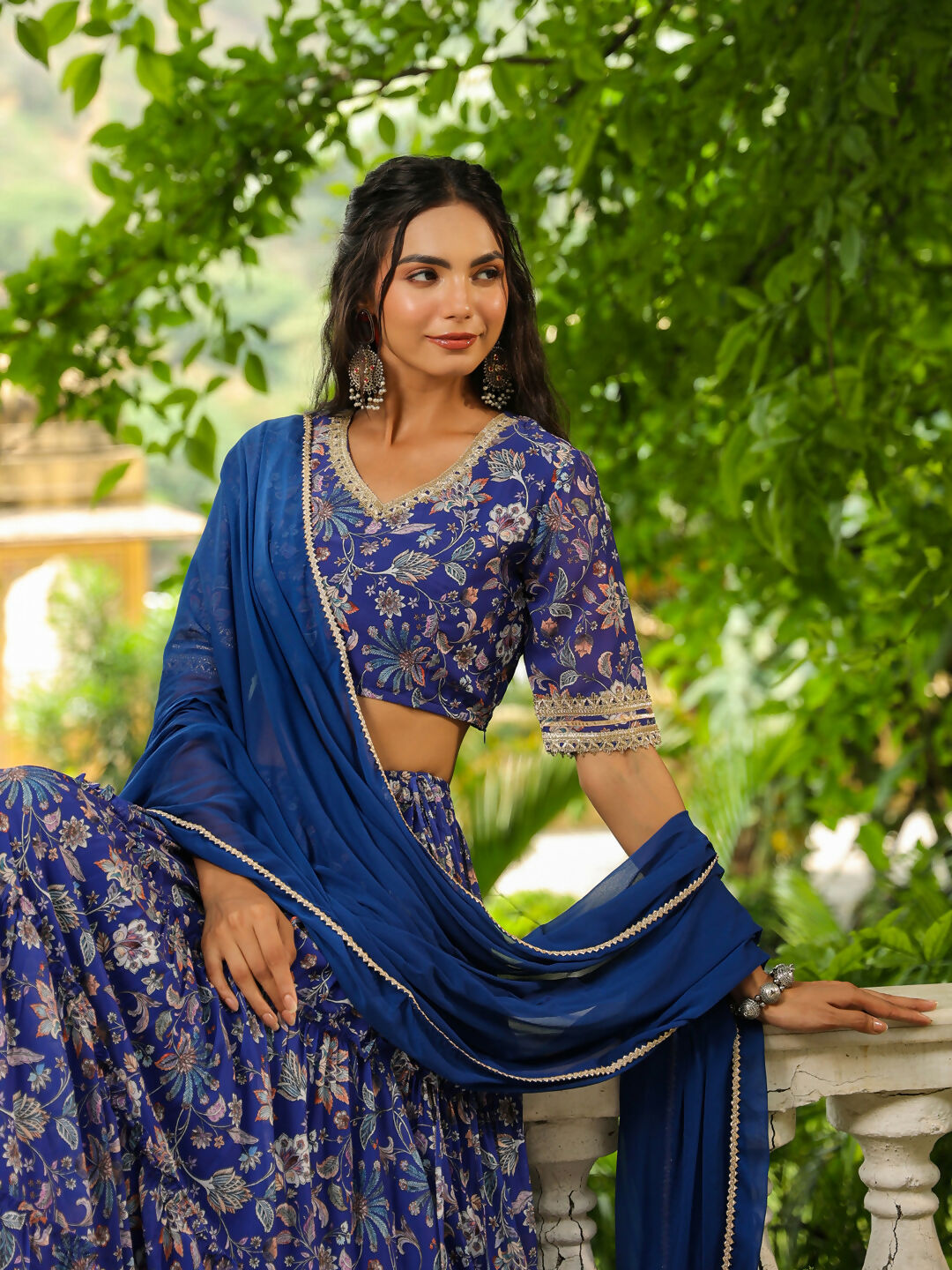 Janasya Blue Georgette Floral Lehenga Choli Dupatta | Grocsy