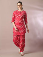 Myshka Women's Pink Printed Cotton Round Neck Party Tunic With Trousers Co-ord set | Grocsy