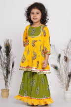 Little Bansi Girls Cotton Floral Kurta with Frill Sharara & Dupatta - Yellow & Green | Grocsy