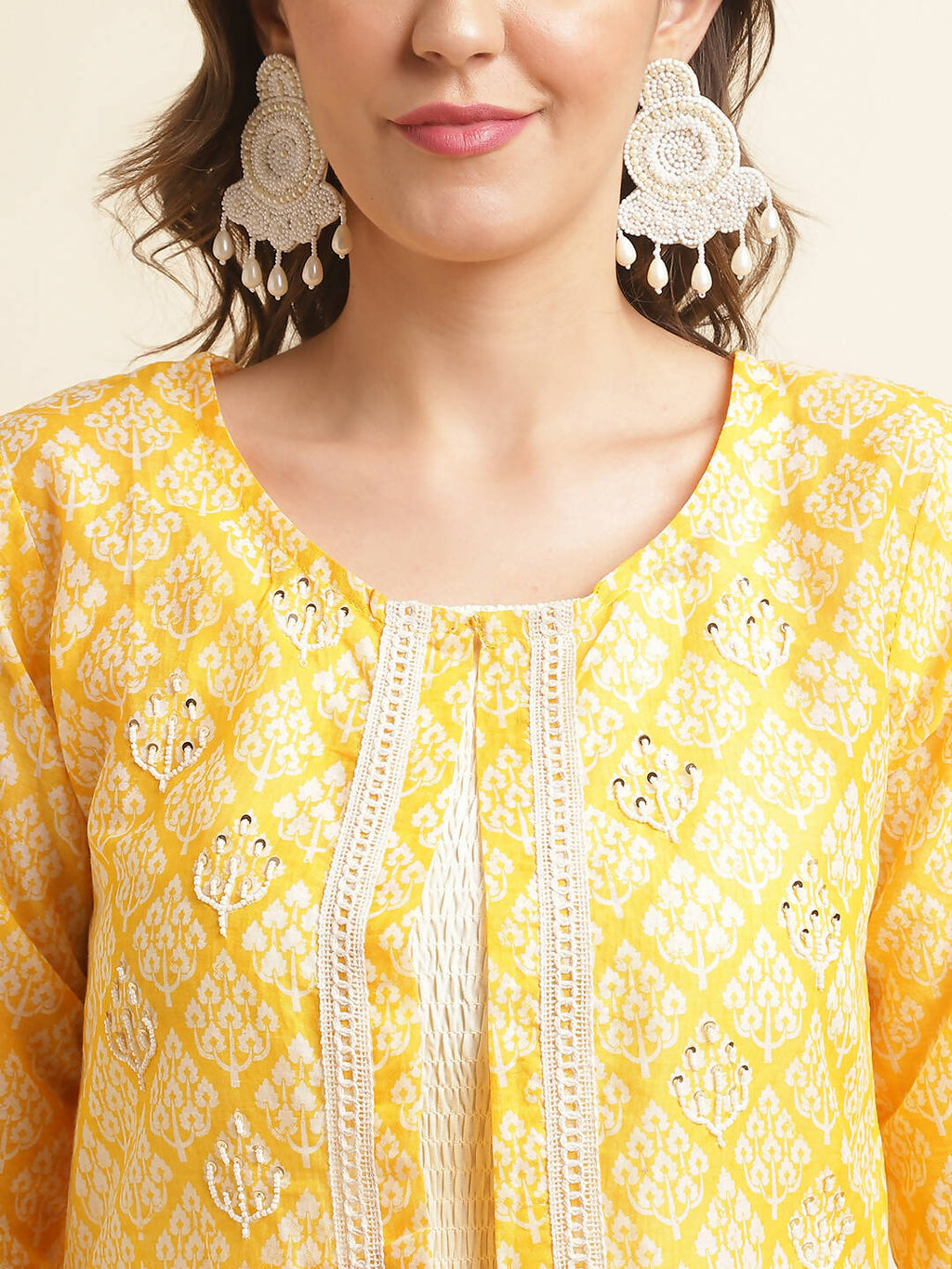 White Cotton Solid Flared Dress with Printed Shrug - Yukti | Grocsy