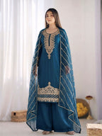 Teeya Creation New latest Trendy Embroidery Beads Work Kurta Sharara Set - Blue | Grocsy