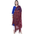 A R Silk Mehroon Color Mirror Stripe Orgenza Cotton Dupattas and Chunnis | Grocsy