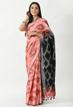 Mominos Fashion Moeza Gajari & Black Bhagalpuri Handloom Ikat Pure Cotton Saree with unstitched Blouse piece | Grocsy