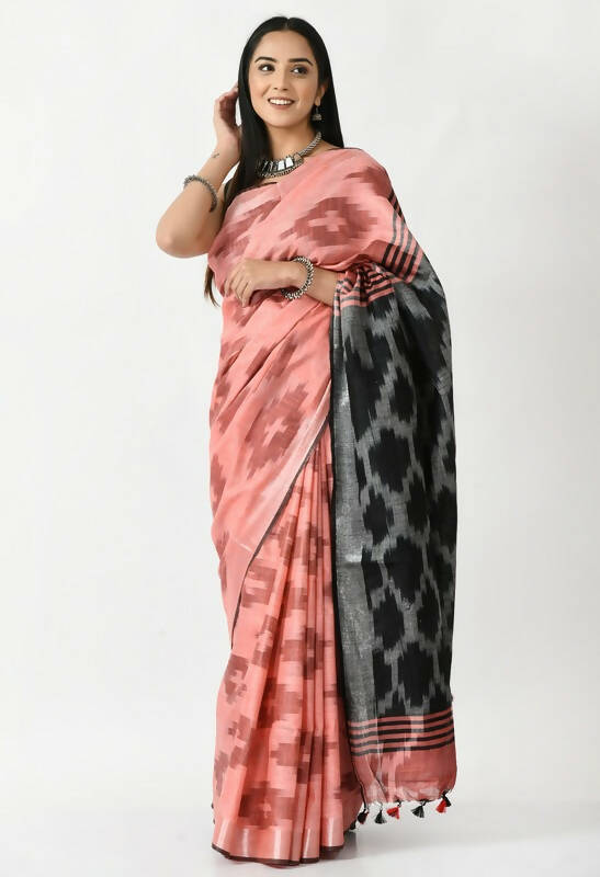 Mominos Fashion Moeza Gajari & Black Bhagalpuri Handloom Ikat Pure Cotton Saree with unstitched Blouse piece | Grocsy