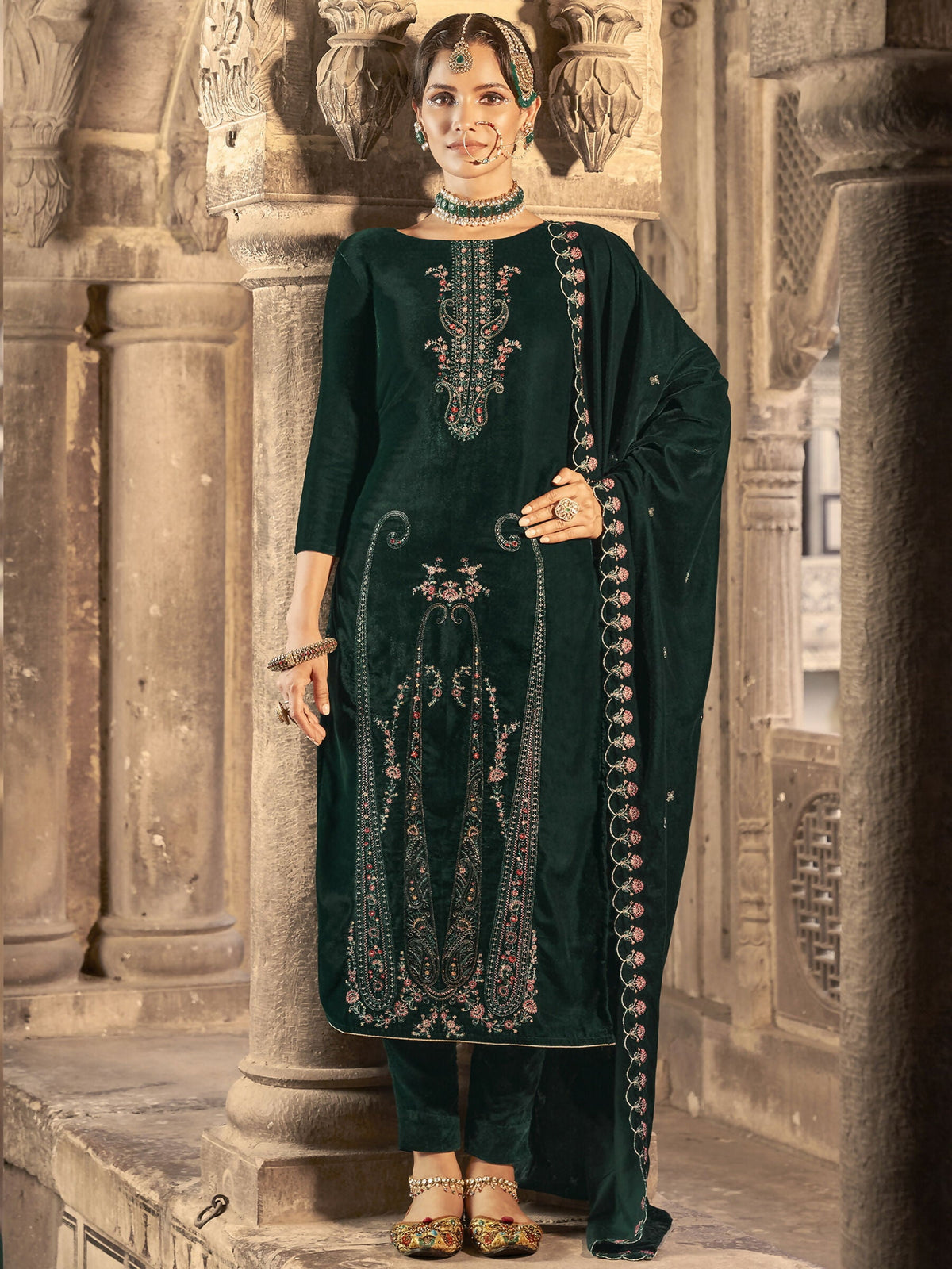 Jyoti Fashion Women's Green Velvet Floral Resham Thread with Jari work Kurta with Trouser & Dupatta | Grocsy