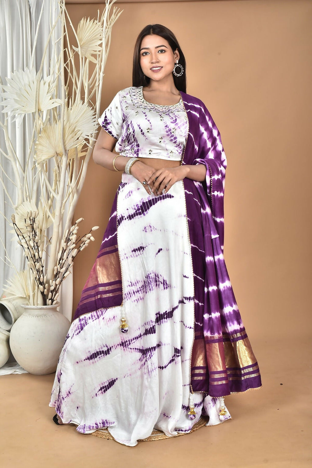 Morchari Women Tai Dai And Hand Embroidery Lehenga-Purple | Grocsy