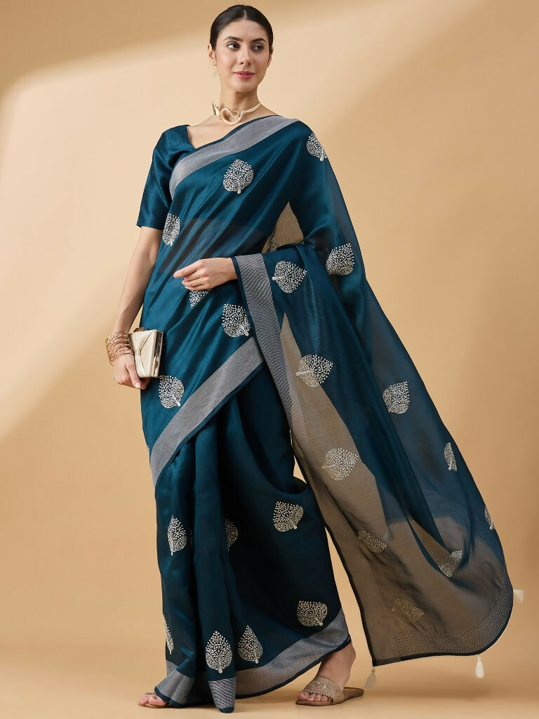 Teal Cotton Blend Thread Embroidered Saree with Unstitched Blouse - Satya | Grocsy