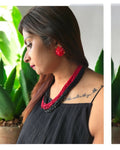 Inhanns Vibrant Handmade 20 Layers Beaded Necklace With Matching Earrings - Dual Ton Black & Red | Grocsy