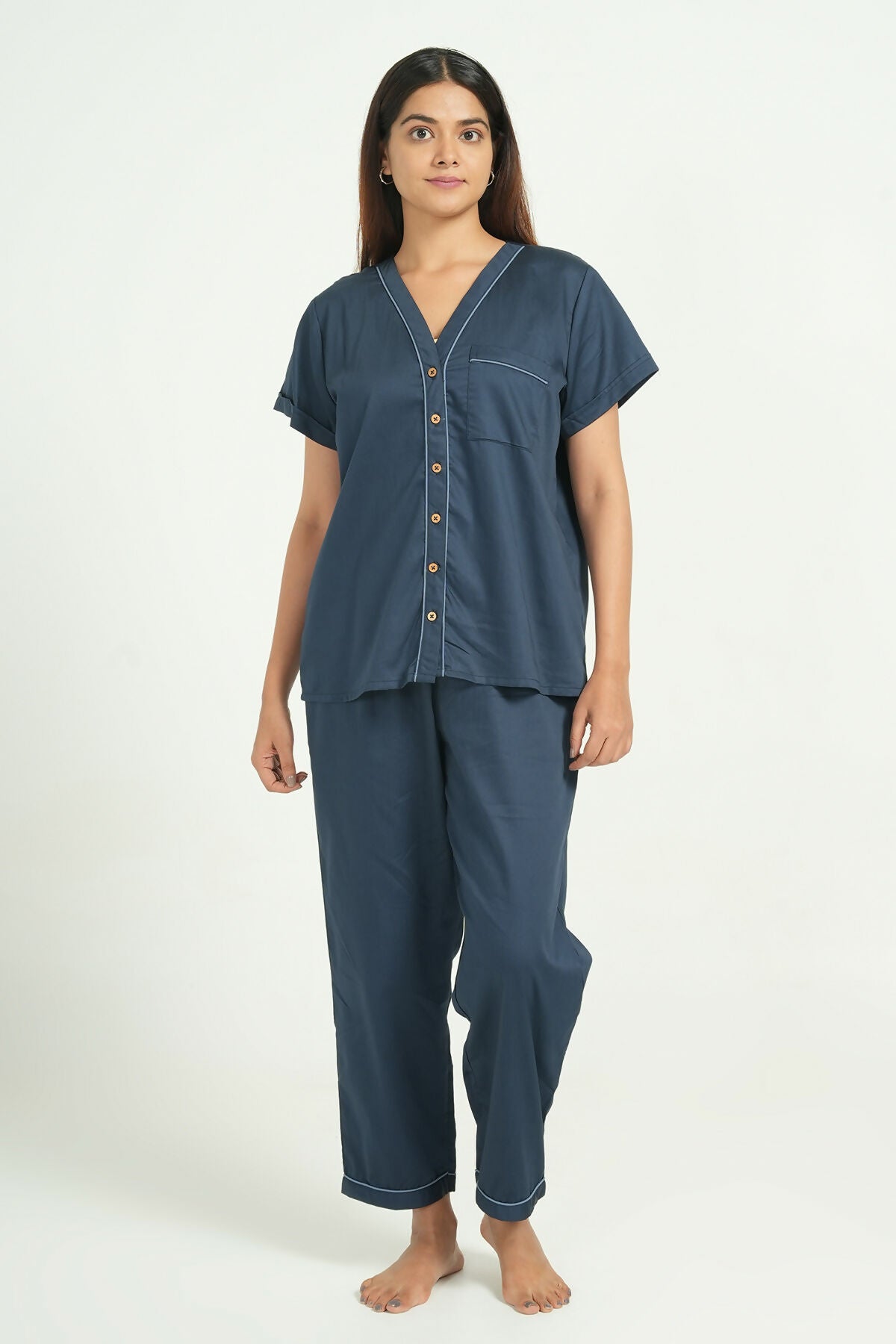 Breathables Women Cotton Night Suit Shirt And Pants Co-Ord Set I Night Wear | Co-Ord Set | Lounge Wear Set I Solid Colour | Grocsy