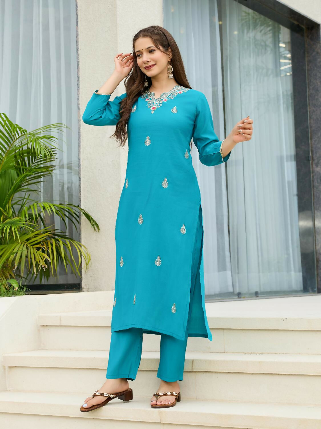 The52 Blue Women's Gorgeous Viscose Fabric Embroidered Work Straight Kurta, Pant and Dupatta Set | Grocsy