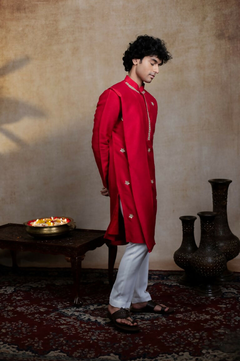 Falling Raw Silk Red Kumkuma Kurta Set By Hilo Design | Grocsy