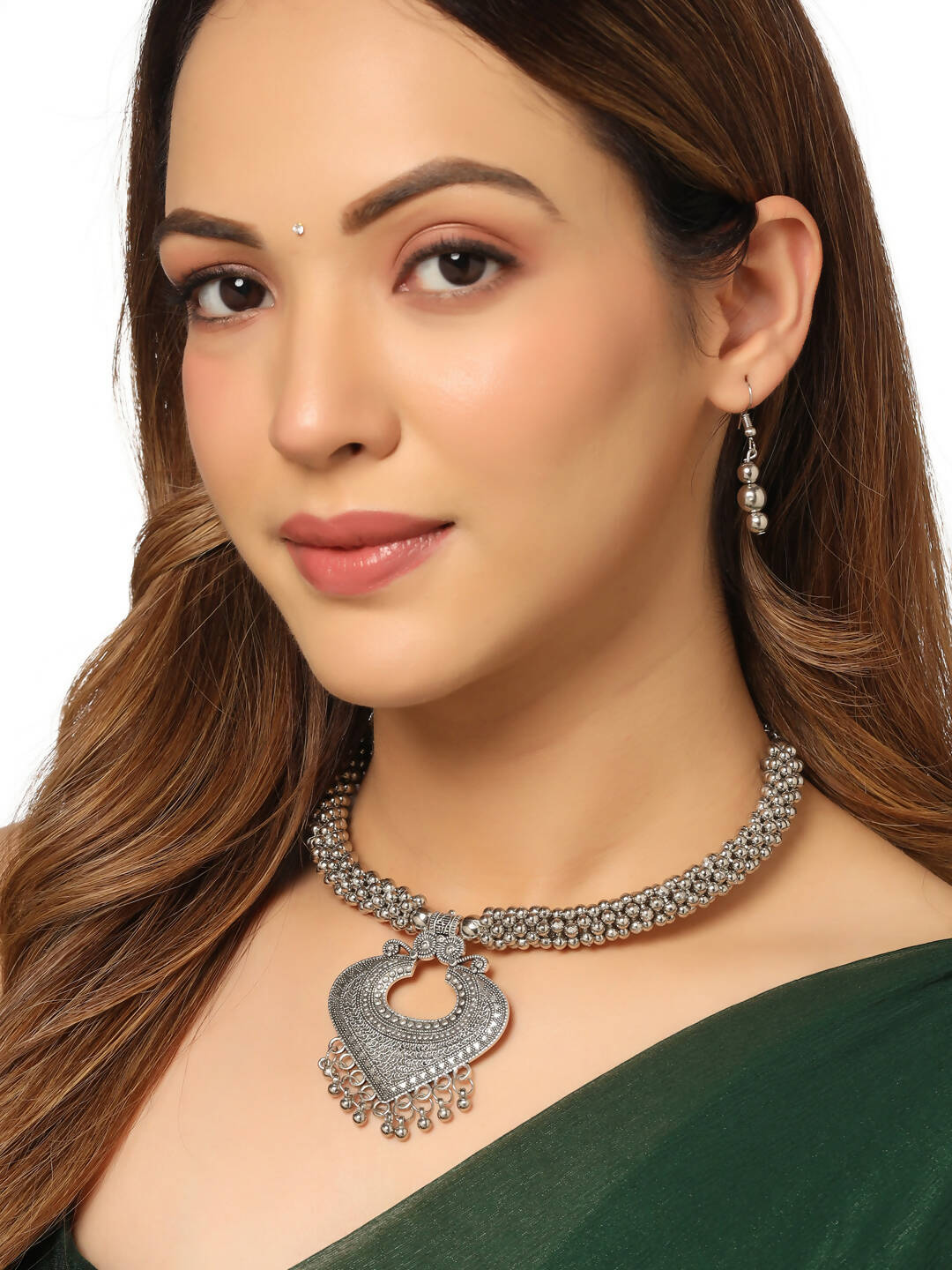 NVR Women Silver Toned Oxidised Jewellery Set | Grocsy