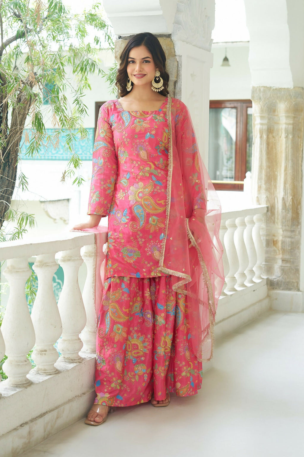 Joban Fashion Pink Chinnon Embroidery Sequence Work Readymade Kurta Set | Grocsy