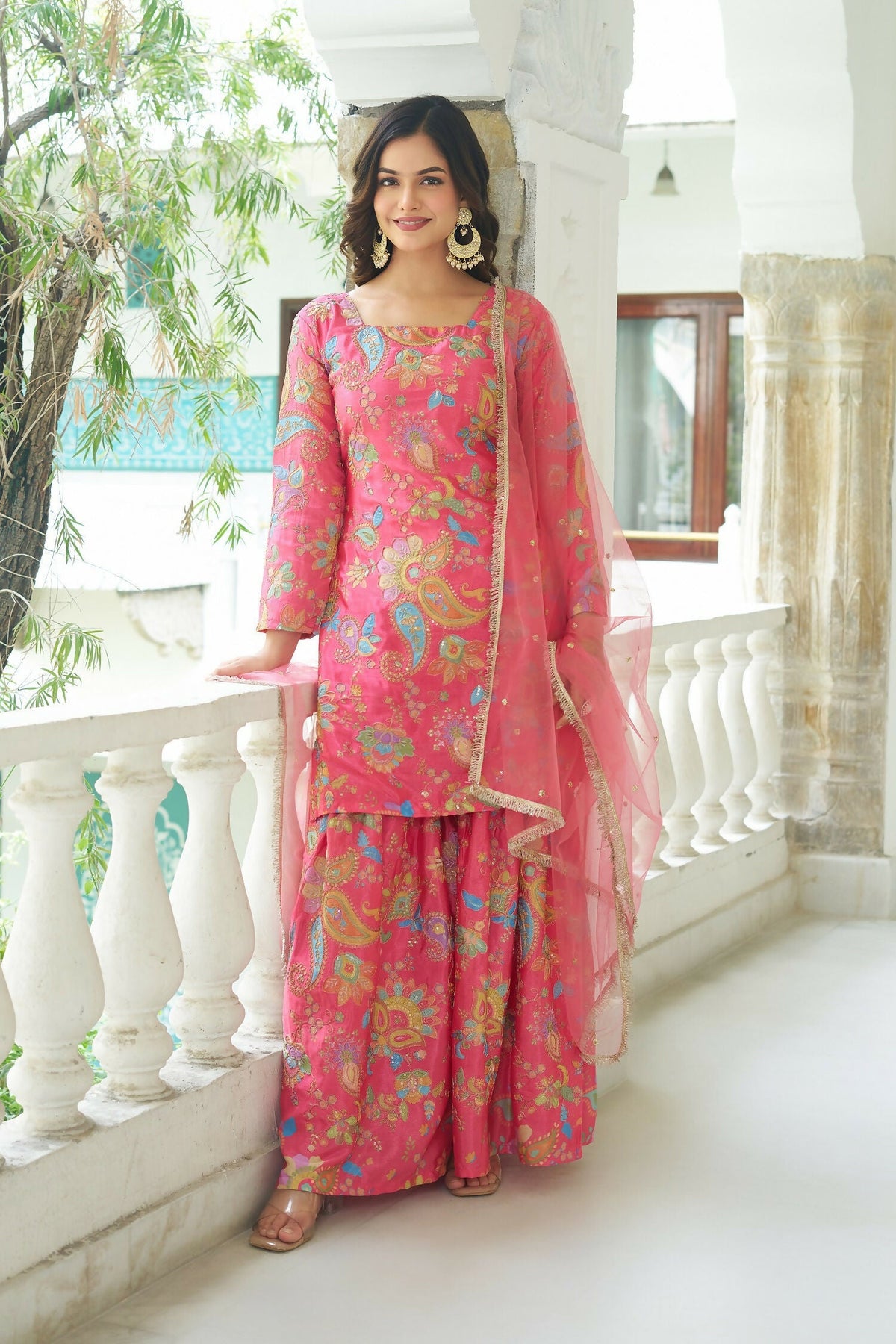 Joban Fashion Pink Chinnon Embroidery Sequence Work Readymade Kurta Set | Grocsy