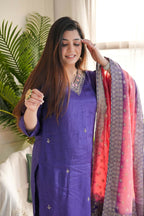The52 Purple Women's Gorgeous Embroidered Vichitra Fabric Straight Kurta Pant with Dupatta Set | Grocsy