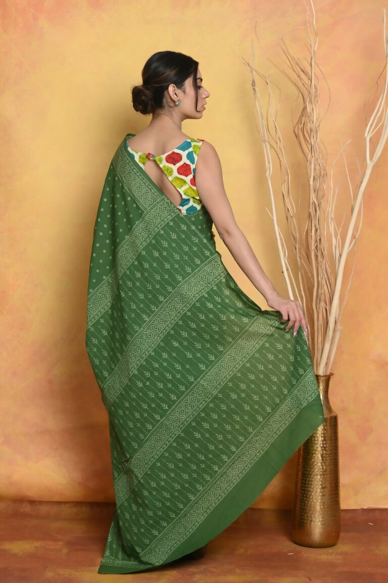 Very Much Indian Handblock Printed Cotton Saree With Natural Dyes - Green | Grocsy
