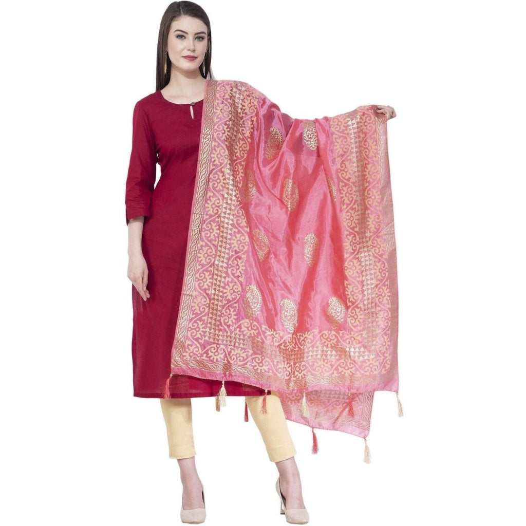 A R Silk Women's Gold Print Silk Light Pink Dupattas and Chunnis | Grocsy