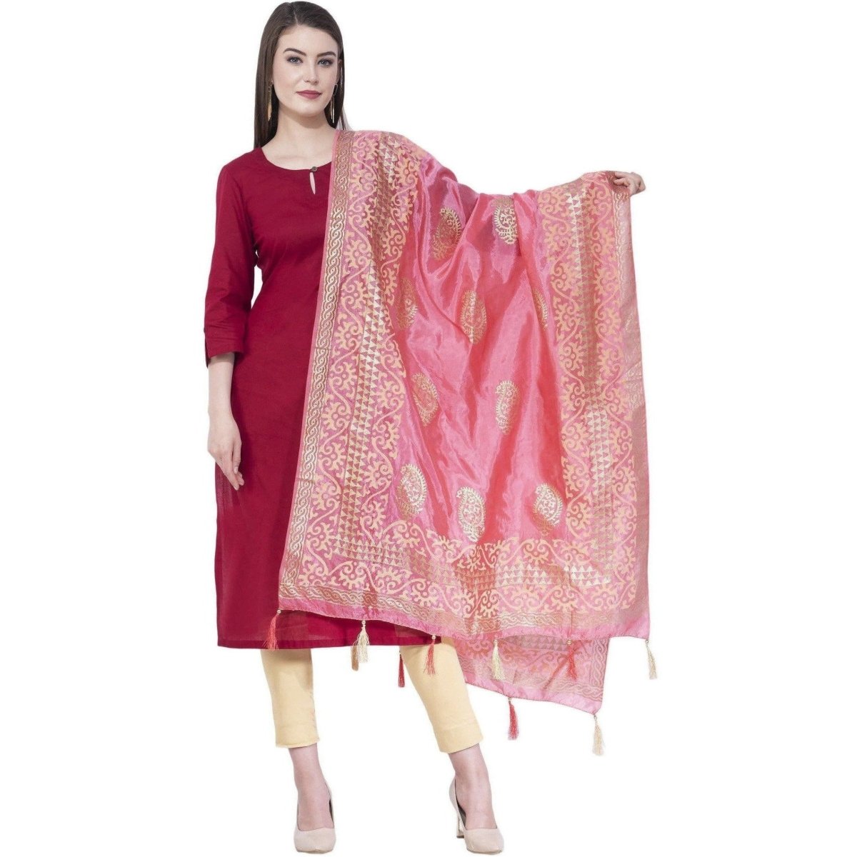 A R Silk Women's Gold Print Silk Light Pink Dupattas and Chunnis | Grocsy