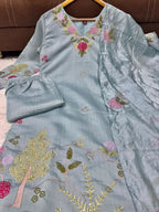 Teeya Creation Elegant Pastel Grey-Green Embroidered Straight Suit Set With Dupatta For Festivals Weddings | Grocsy