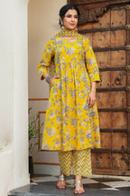 Aramya Anarkali Soft Cotton Gold foil Print Women's Kurta Set - Yellow | Grocsy