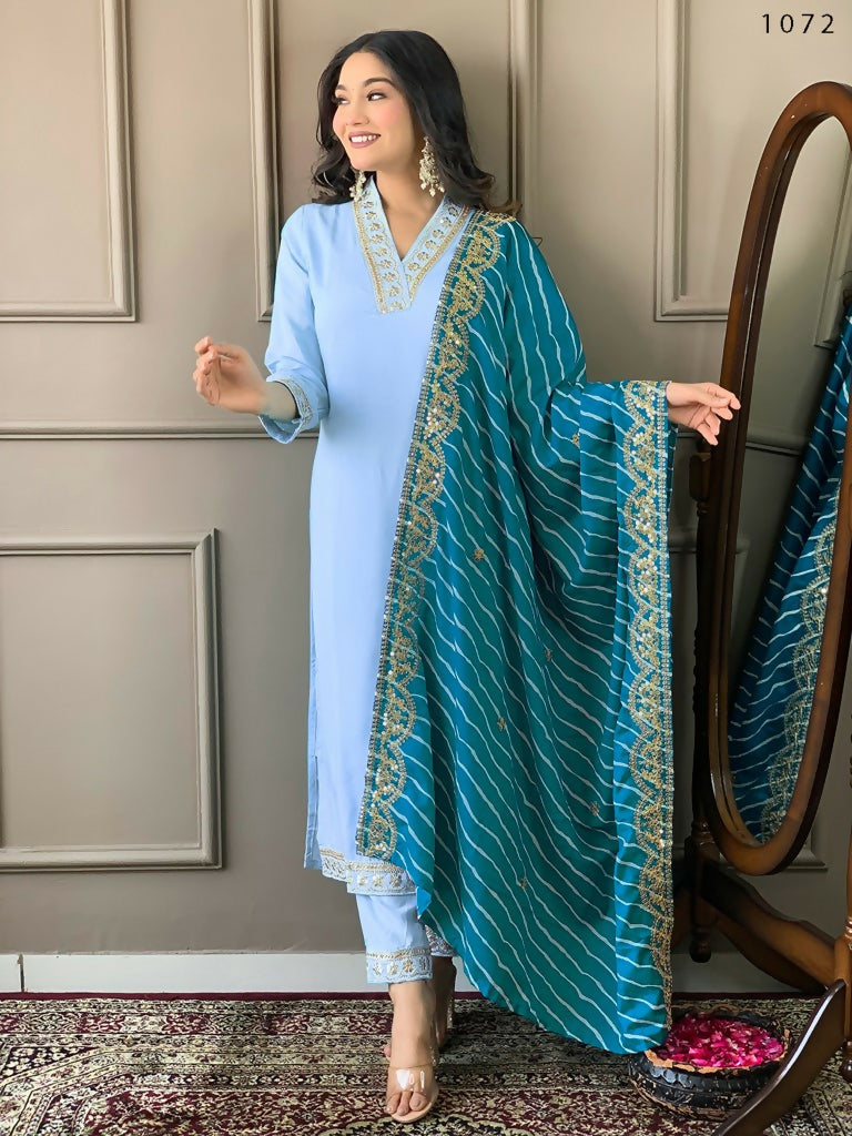 Partywear Designer Viscose Silk Blend Sky Stitched Suit With Dupatta - Tanisha | Grocsy