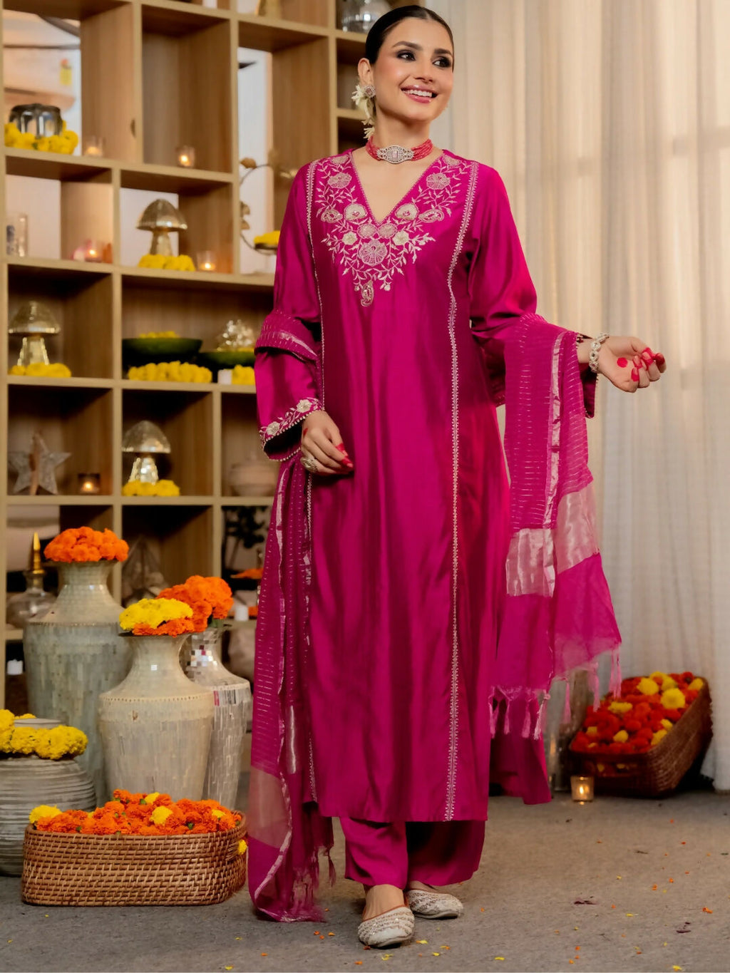 The52 Women's Beautiful Viscose Silk Fabric Embroidery Work A-Line Kurta Pant and Dupatta Set | Grocsy