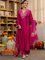 The52 Women's Beautiful Viscose Silk Fabric Embroidery Work A-Line Kurta Pant and Dupatta Set | Grocsy