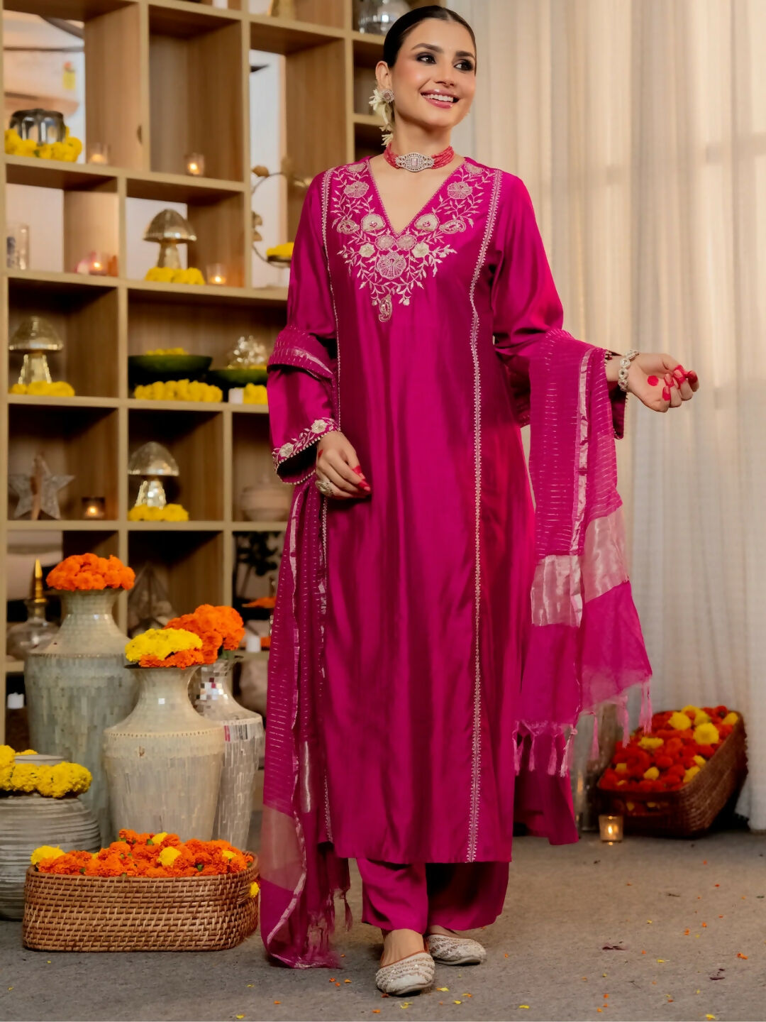 The52 Women's Beautiful Viscose Silk Fabric Embroidery Work A-Line Kurta Pant and Dupatta Set | Grocsy
